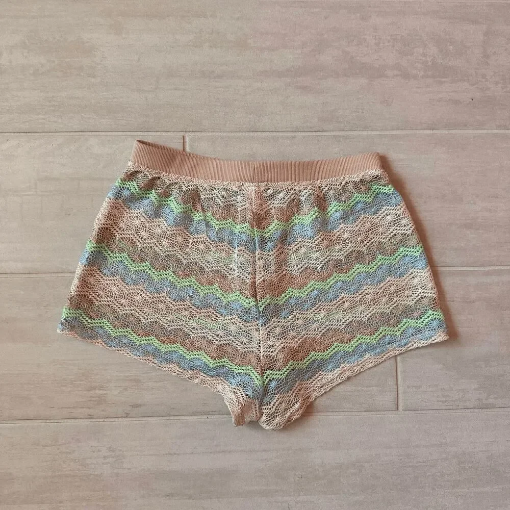 Wild Fable Crochet Cover Up Shorts Multi Striped Pastel Pull On Drawstring Small